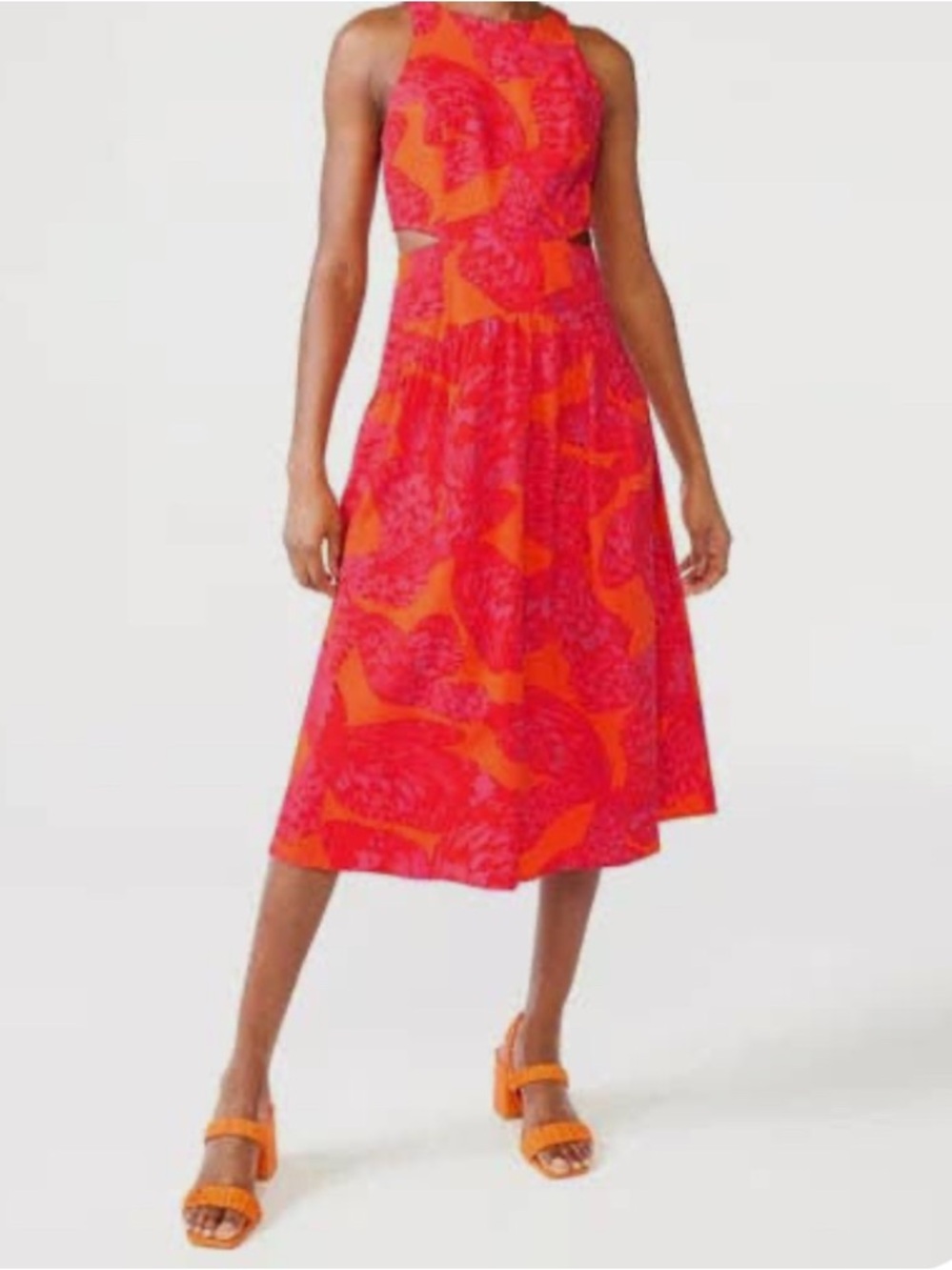 FLORAL BUTTERFLY CUTOUT DRESS Orange Red Pink Floral MIDI A-line by SCOOP